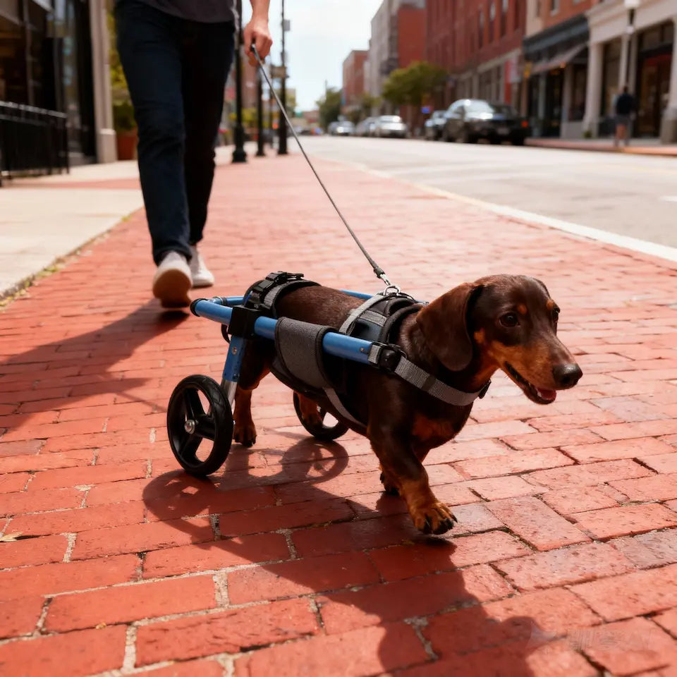 A brown Dachshund in a blue rear-support wheelchair walking on a red brick sidewalk with owner, demonstrating how wheelchair wheels navigate an uneven outdoor surface during a daily walk