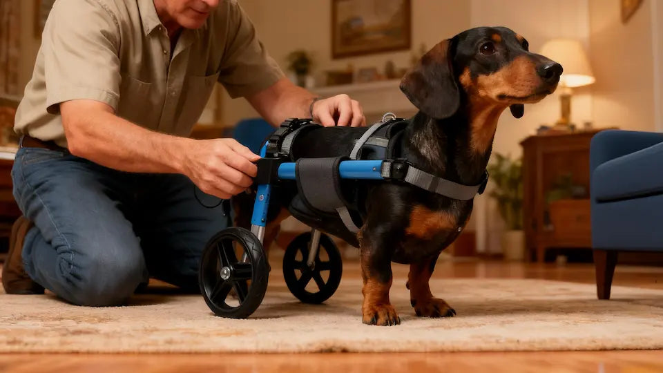 Owner kneeling on a living room carpet to adjust a blue rear-support wheelchair on a black and tan Dachshund, showing the hands-on daily fitting routine that becomes second nature within the first few weeks