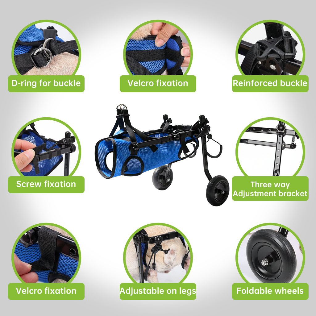 Pei's Corner blue mesh hind leg dog wheelchair with D-ring buckle, Velcro fixation, reinforced buckle, screw fixation, three-way adjustment bracket, adjustable legs, and foldable wheels