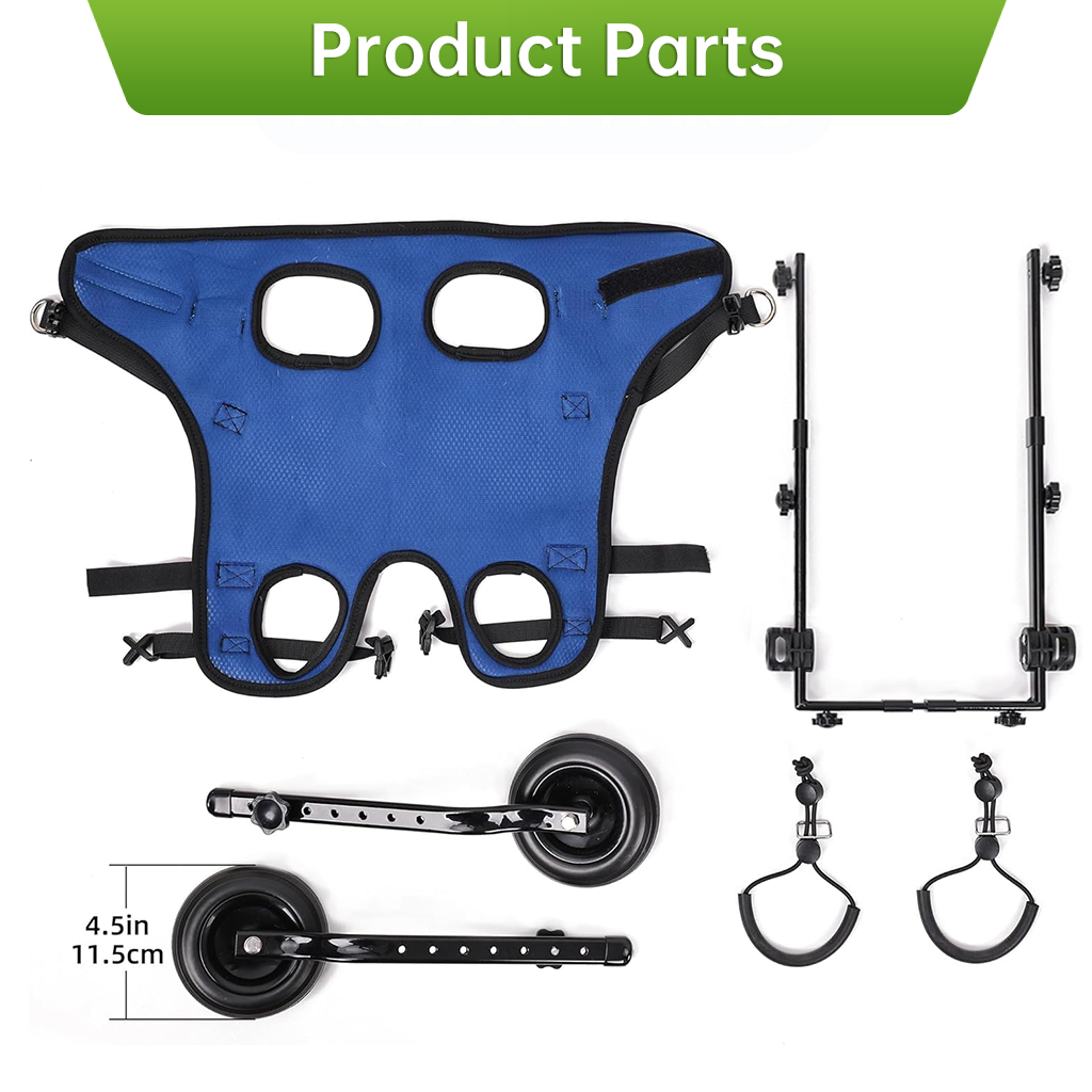 Components and size chart of Pei's Corner blue mesh hind leg dog wheelchair