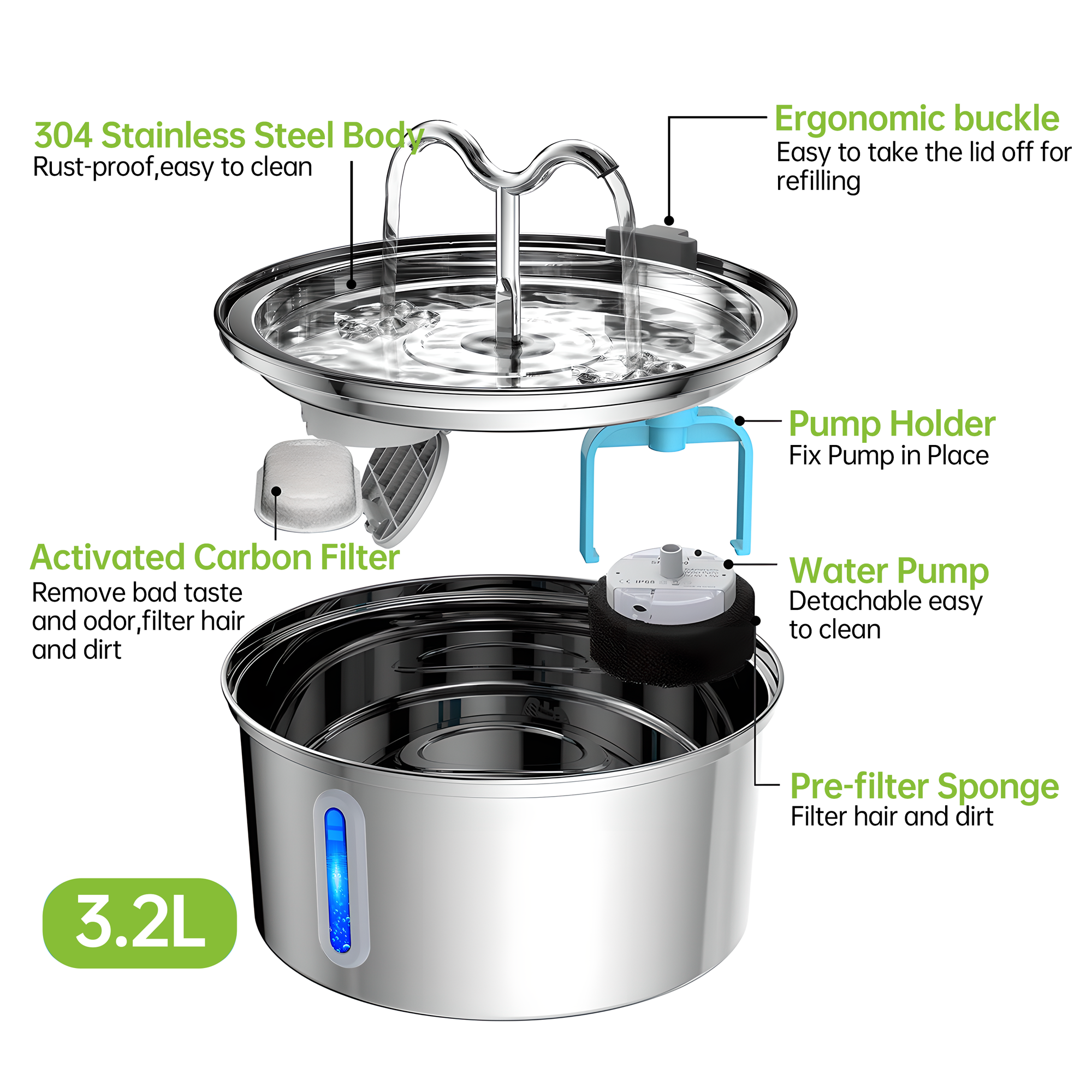 3.2L Automatic Pet Water Dispenser, Stainless Steel Circulating Cat/Dog Water Fountain with Filter