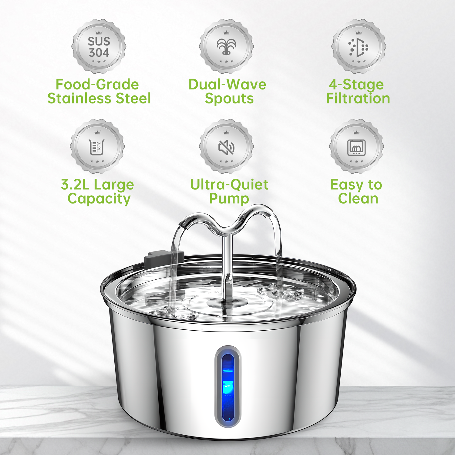 3.2L Automatic Pet Water Dispenser, Stainless Steel Circulating Cat/Dog Water Fountain with Filter