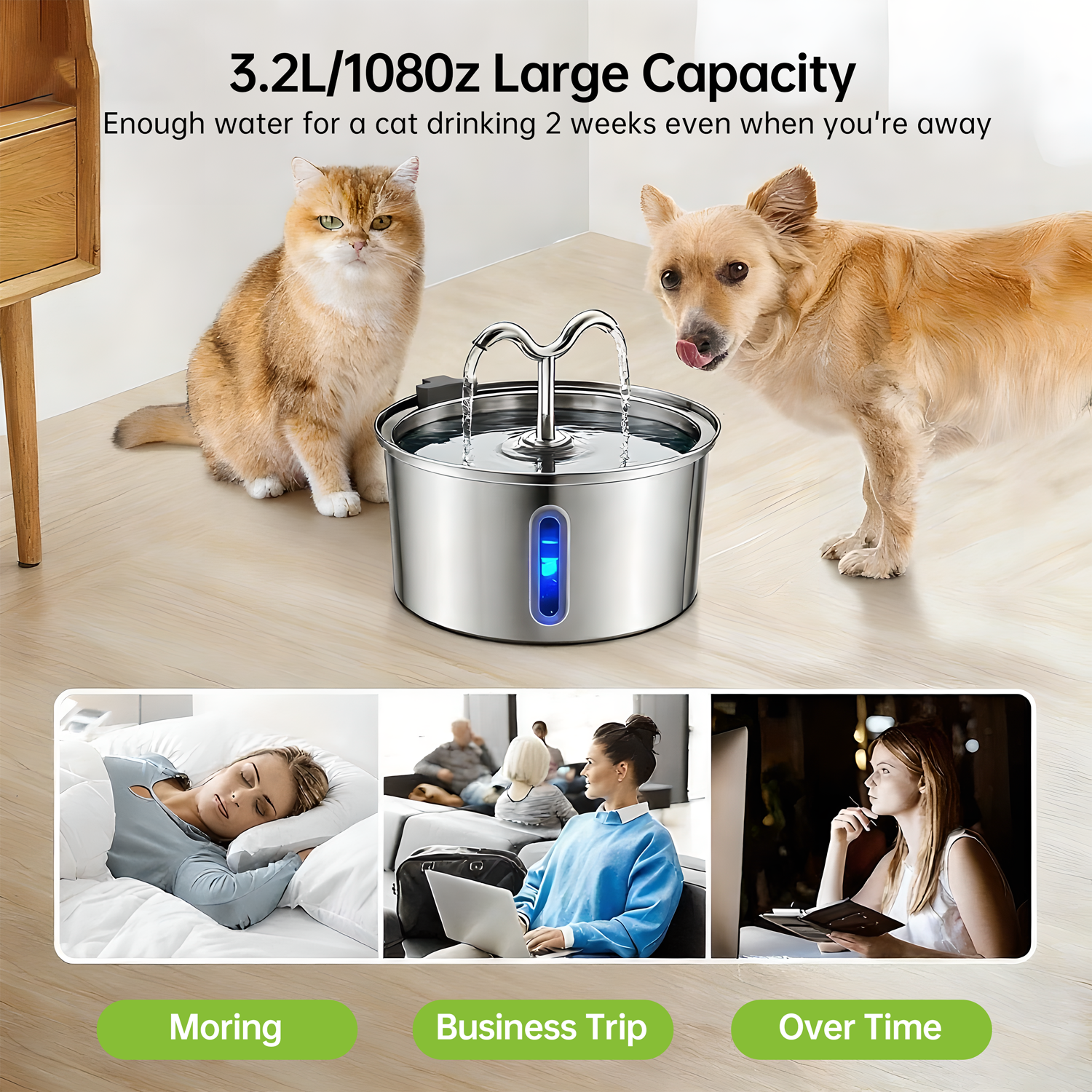 3.2L Automatic Pet Water Dispenser, Stainless Steel Circulating Cat/Dog Water Fountain with Filter