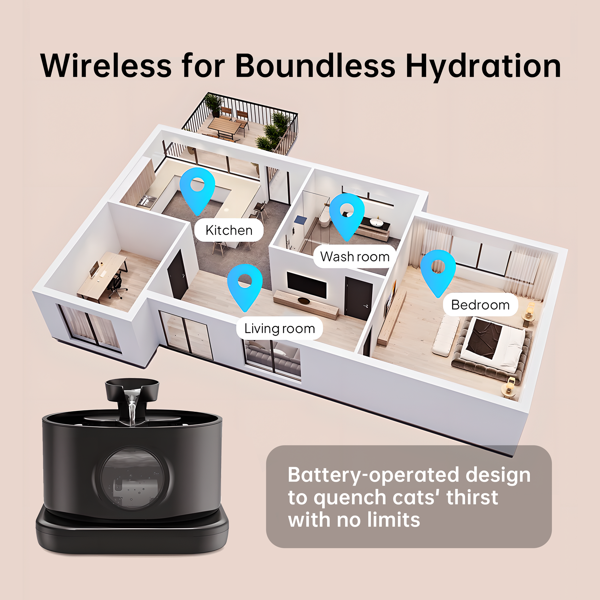 Wireless Automatic Cat Water Fountain, 2.8L Smart Pet Dispenser with Filter, 5200mAh Battery & Quiet Pump