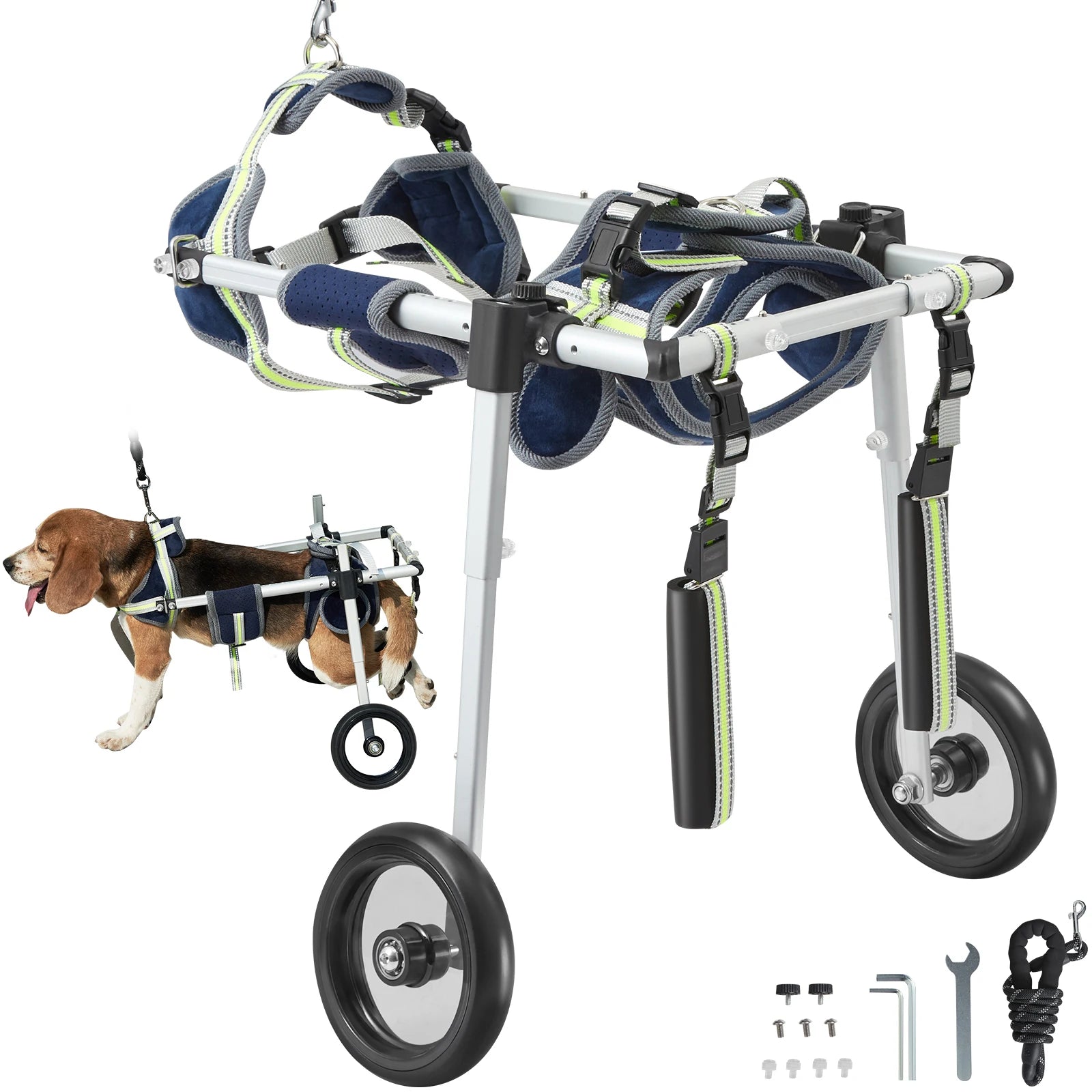 Pei's Corner hind leg dog wheelchair with adjustable harness, wheels, and included tools, featuring a Beagle in use