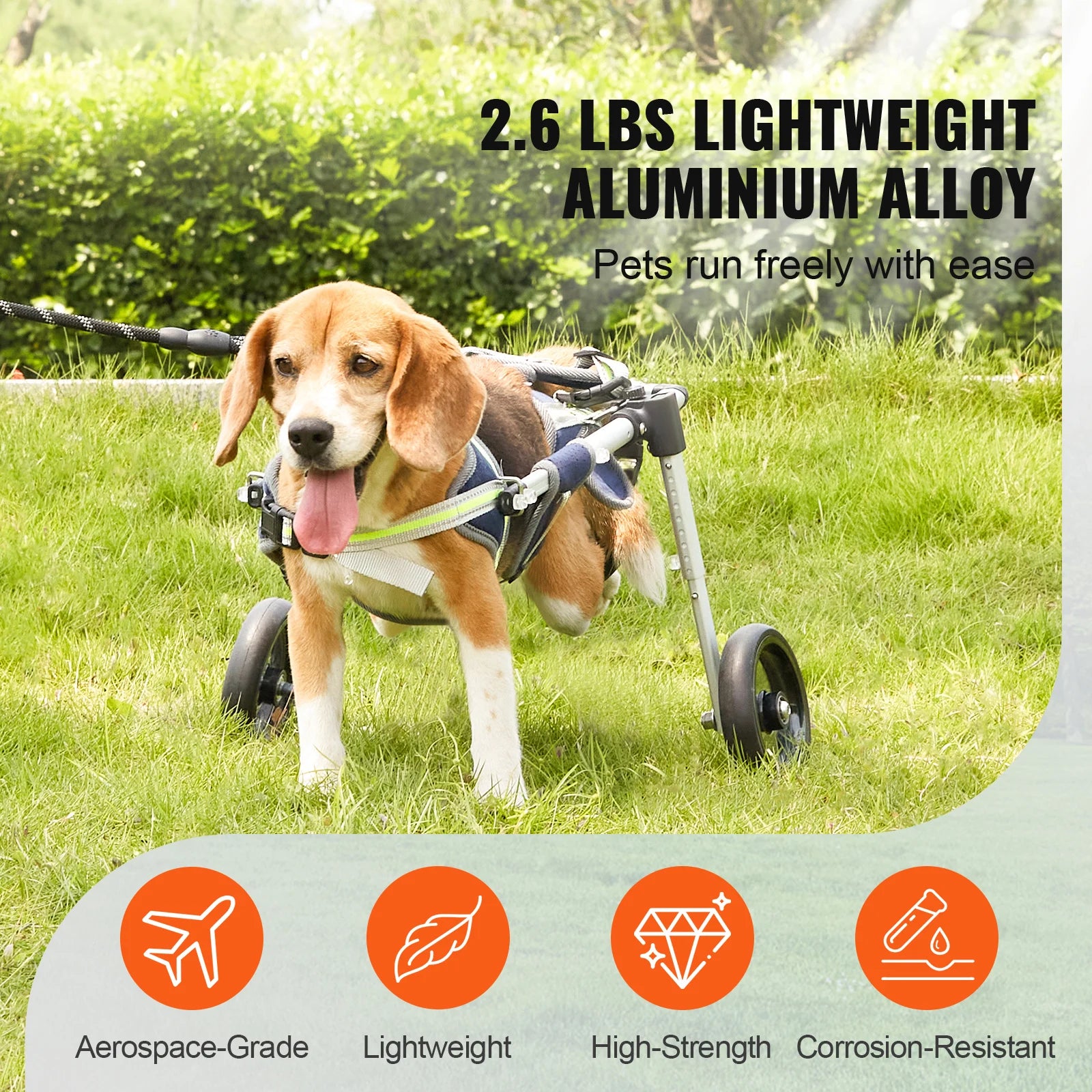 Pei's Corner 2.6 lbs lightweight aluminum alloy hind leg dog wheelchair with a Beagle running freely on grass, featuring aerospace-grade, high-strength, and corrosion-resistant design