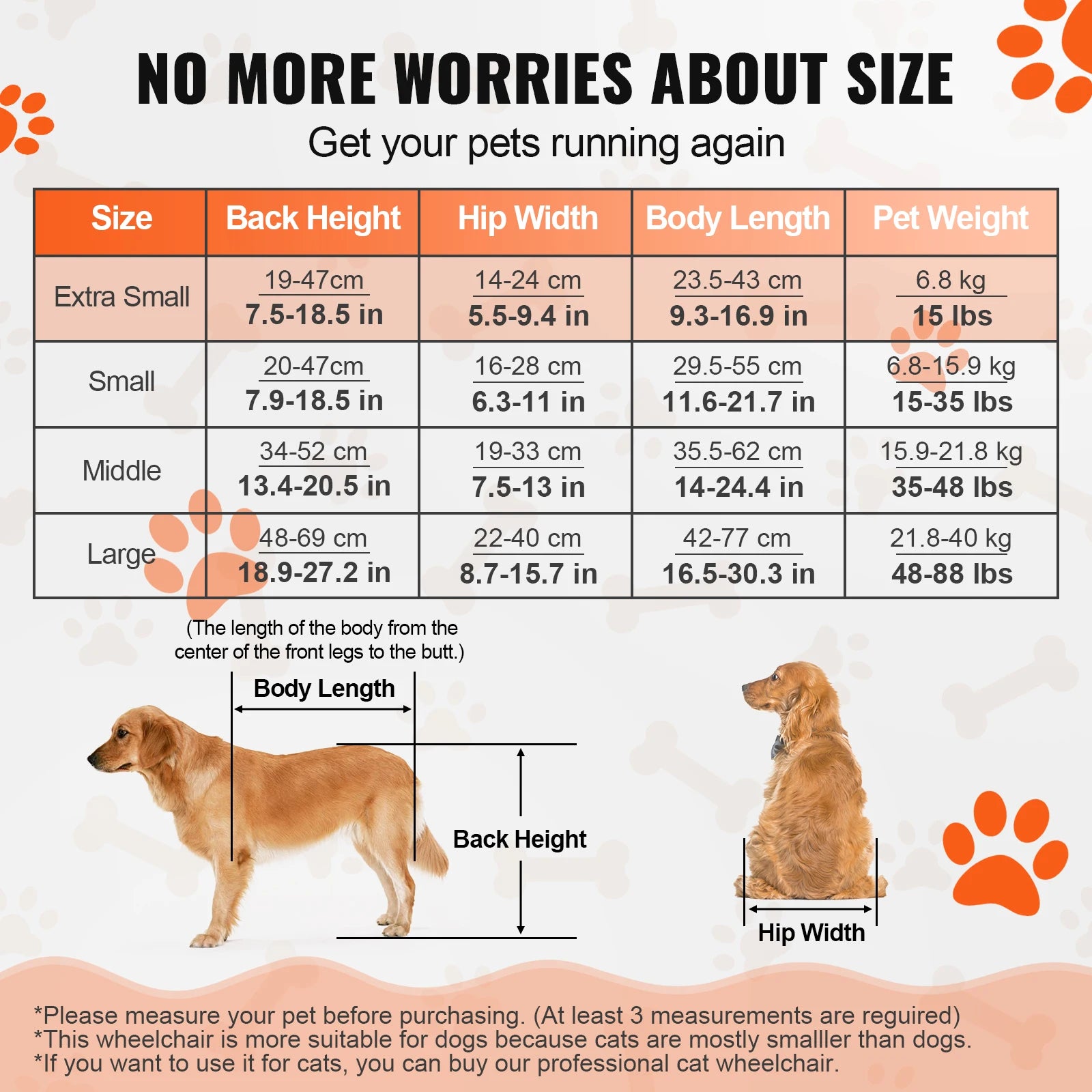 Pei's Corner size guide for hind leg dog wheelchair, featuring no more worries about size, with Extra Small to Large measurements for back height, hip width, body length, and pet weight, shown with a dog illustration