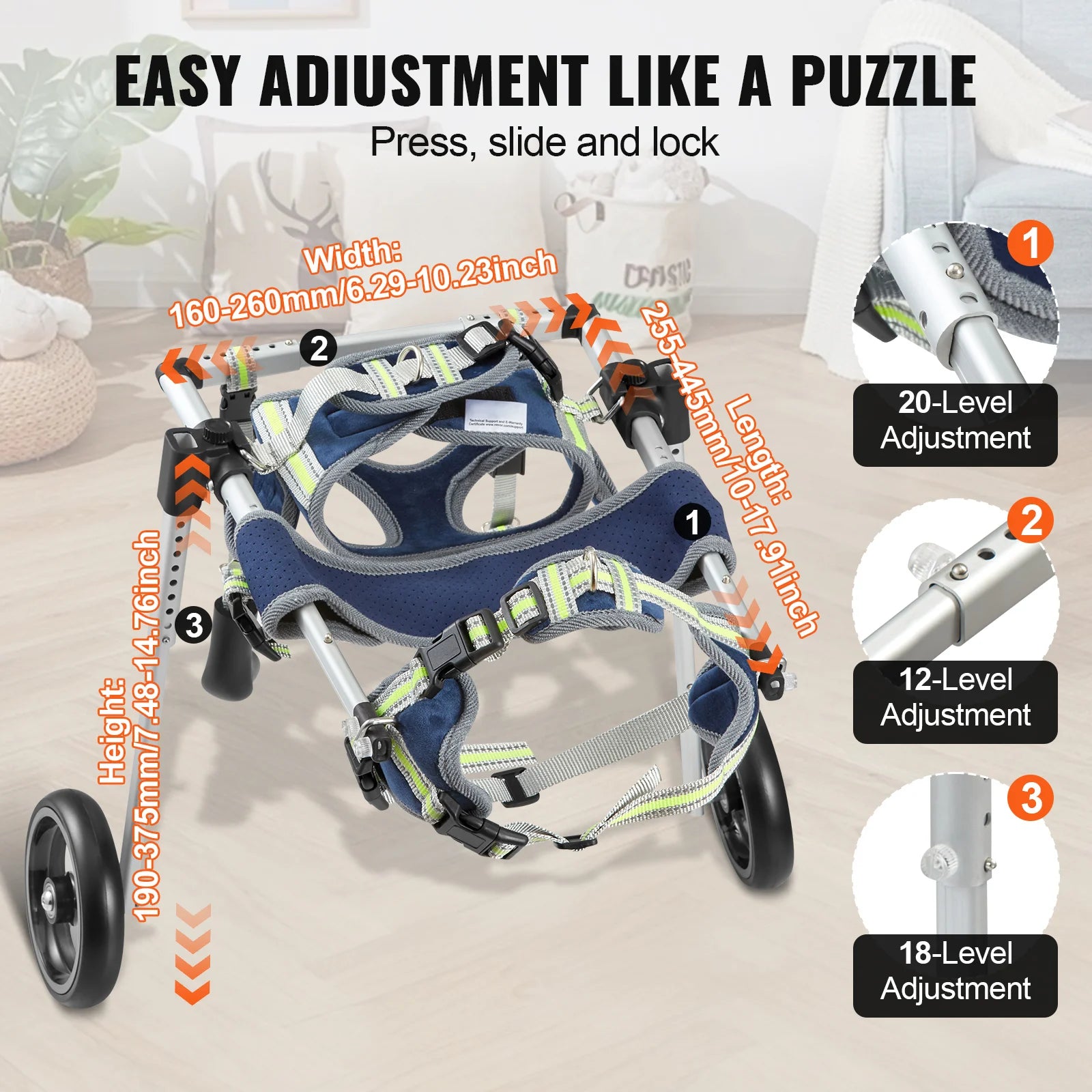 Pei's Corner hind leg dog wheelchair with easy adjustment like a puzzle, featuring press, slide, and lock mechanism, adjustable width 160-260mm (6.29-10.23inch), length 255-445mm (10-17.5inch), height 190-375mm (7.48-14.76inch), and 20-level, 12-level, 18-level adjustments