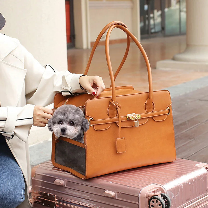 Pet Carrier Bag for Small Dogs and Cats - Luxury PU Leather Portable Travel Handbag with Breathable Design, Shoulder Strap for Puppy Carrier