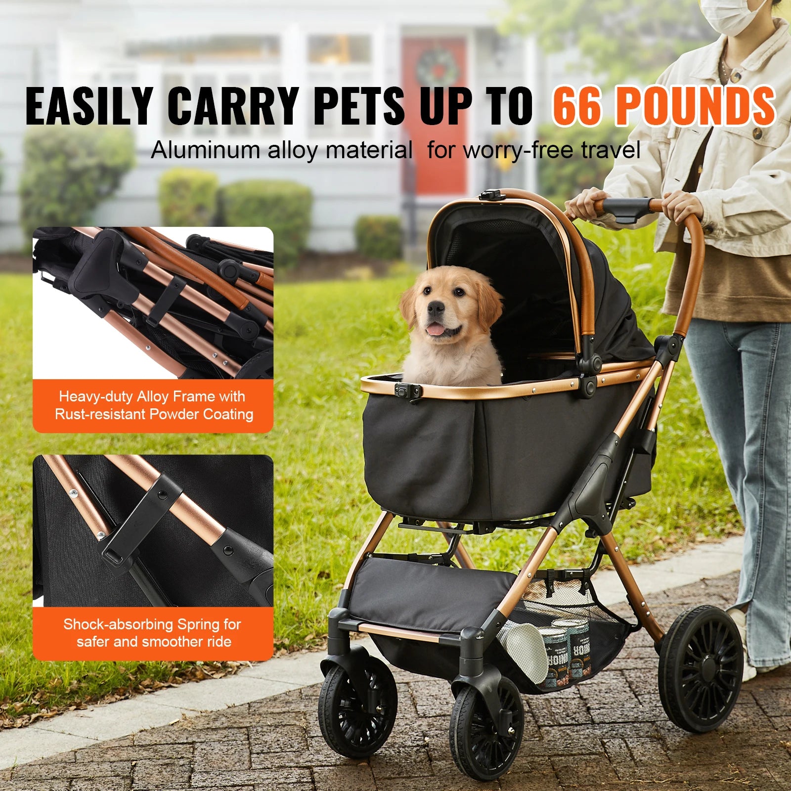 Dog Stroller for Medium Dogs up to 66lbs - Foldable with Storage Basket & Carrier