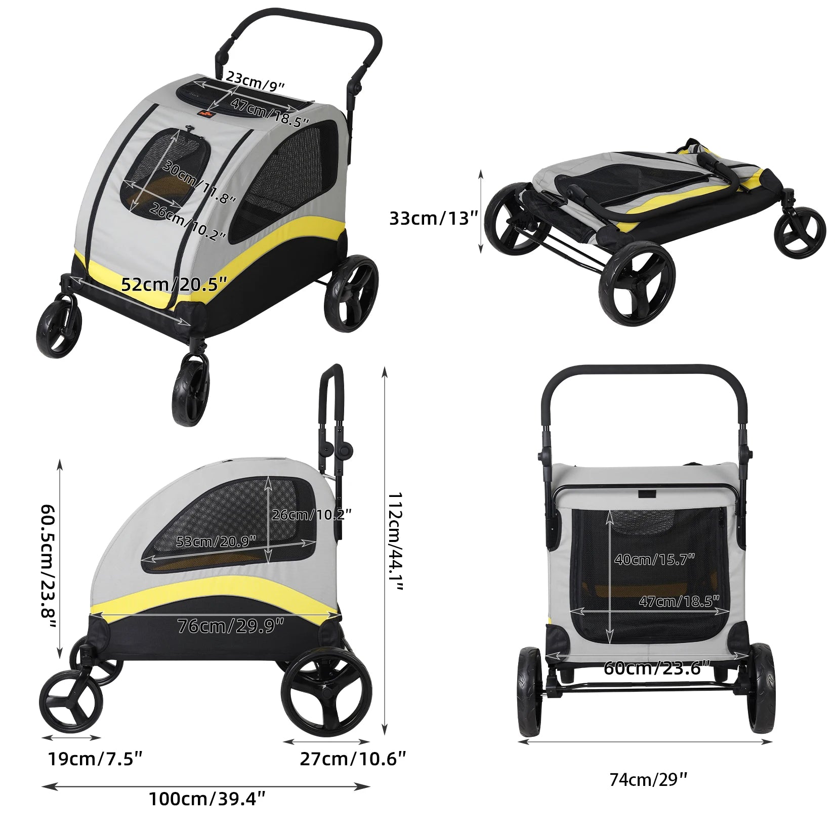 Large Dog Stroller - 4 Wheel Premium Pet Jogger Wagon, Foldable Travel Pram for Small Medium Large Dogs with Easy Walk Design