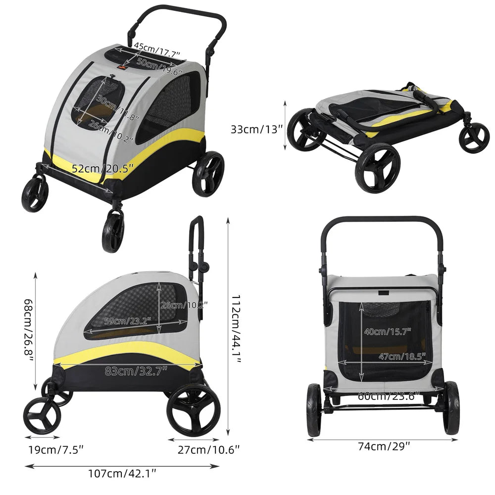 Large Dog Stroller - 4 Wheel Premium Pet Jogger Wagon, Foldable Travel Pram for Small Medium Large Dogs with Easy Walk Design
