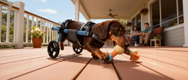A Dachshund in a blue rear-support dog wheelchair playing with a rope toy on an outdoor deck, demonstrating active daily use