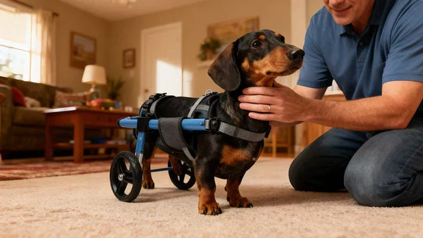 Dachshund standing in a blue rear-support wheelchair indoors, with owner providing reassurance beside them