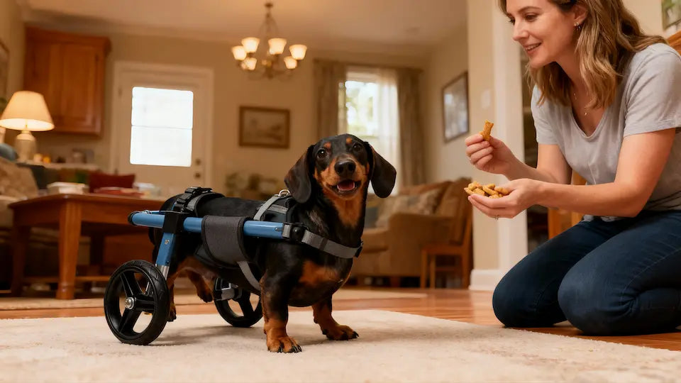 Owner offering treats to encourage a black and tan Dachshund in a blue rear-support wheelchair during an indoor rehabilitation session, illustrating controlled movement support for IVDD recovery at home