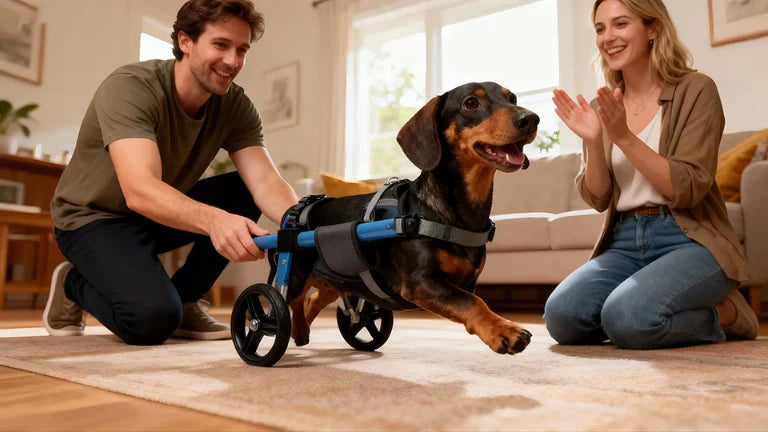 Dachshund using a blue rear-support wheelchair indoors, with two owners encouraging him during his first week of adaptation