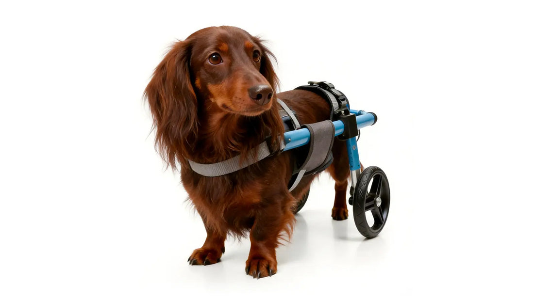 A long-haired Miniature Dachshund wearing a fitted blue rear-support wheelchair on a white background, illustrating proper wheelchair sizing for the breed's long body and short legs