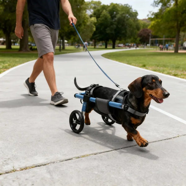 Owner walking a black and tan Dachshund in a blue rear-support wheelchair along a paved park path, illustrating a typical outdoor session during a daily wheelchair routine