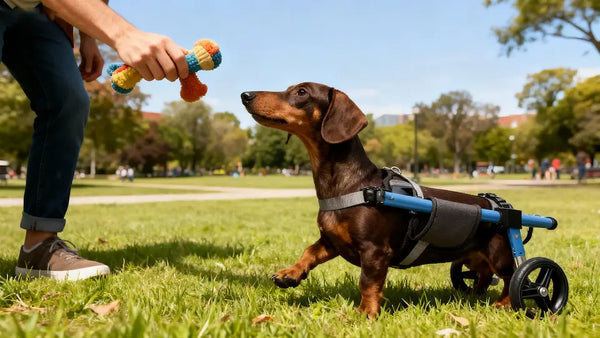 Owner holding a colorful toy to encourage a brown Dachshund in a blue rear-support wheelchair to move forward on grass — demonstrating the reward-based motivation technique for dogs that refuse to move in a wheelchair