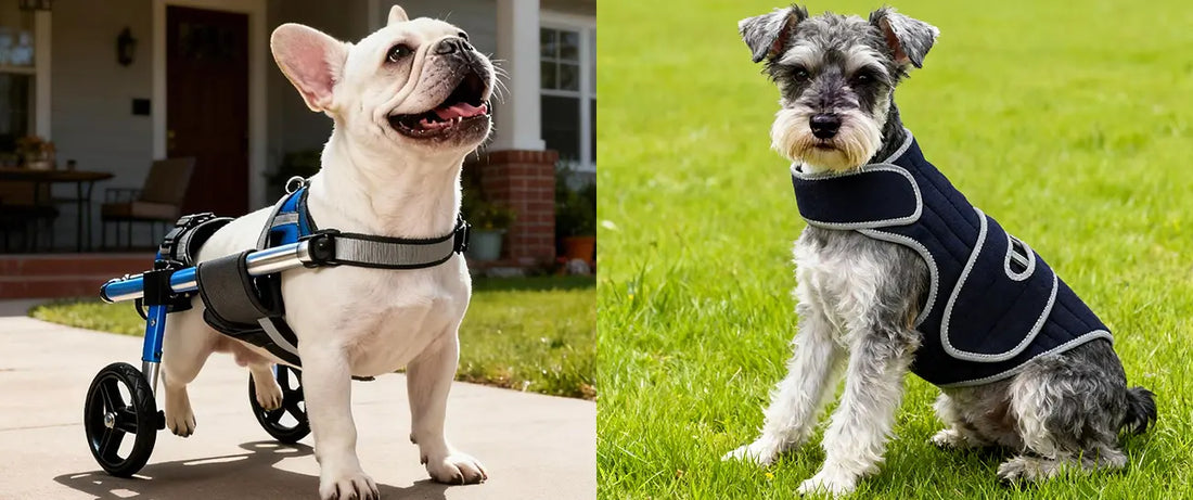 Side-by-side comparison of two dog mobility aids — a French Bulldog using a blue rear-support wheelchair outdoors, and a Schnauzer wearing a navy back support vest on grass