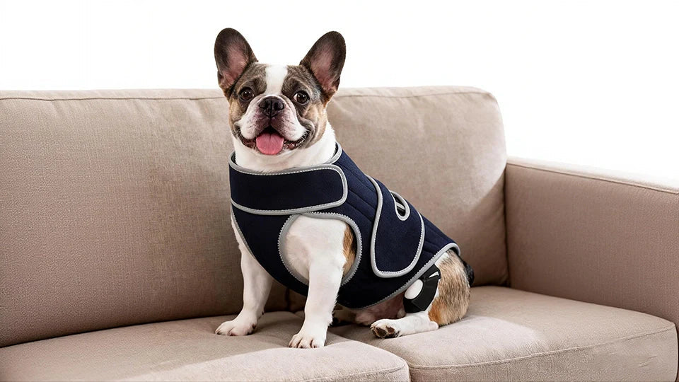 A French Bulldog wearing a navy blue back support vest, sitting on a sofa