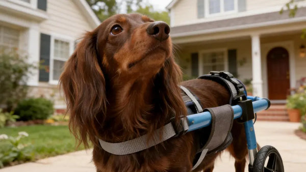 A long-haired brown Dachshund looking upward while fitted in a blue rear-support wheelchair outdoors, showing the harness chest strap and belly contact points relevant to skin care and chafing prevention