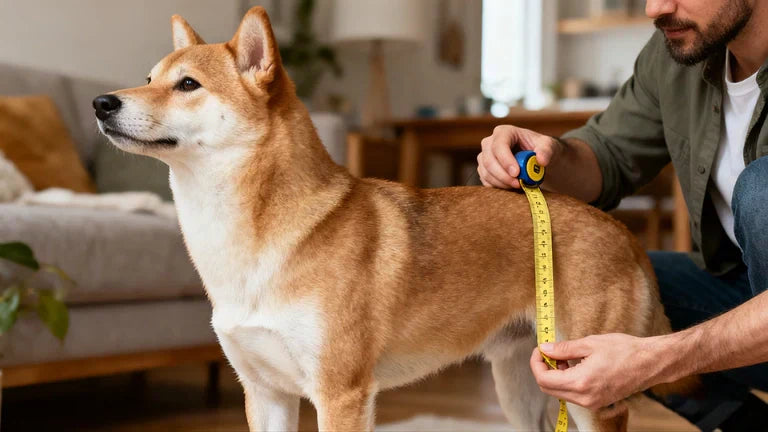 Owner measuring a Shiba Inu's body width with a tape measure to fit a dog wheelchair
