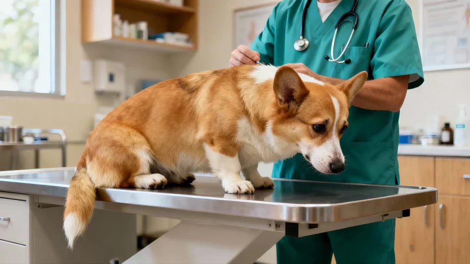 A veterinarian examining a Corgi's back during a mobility assessment in a clinic