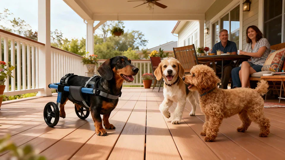 A Dachshund in a blue rear-support wheelchair socialising with two other dogs on an outdoor deck, while owners relax nearby