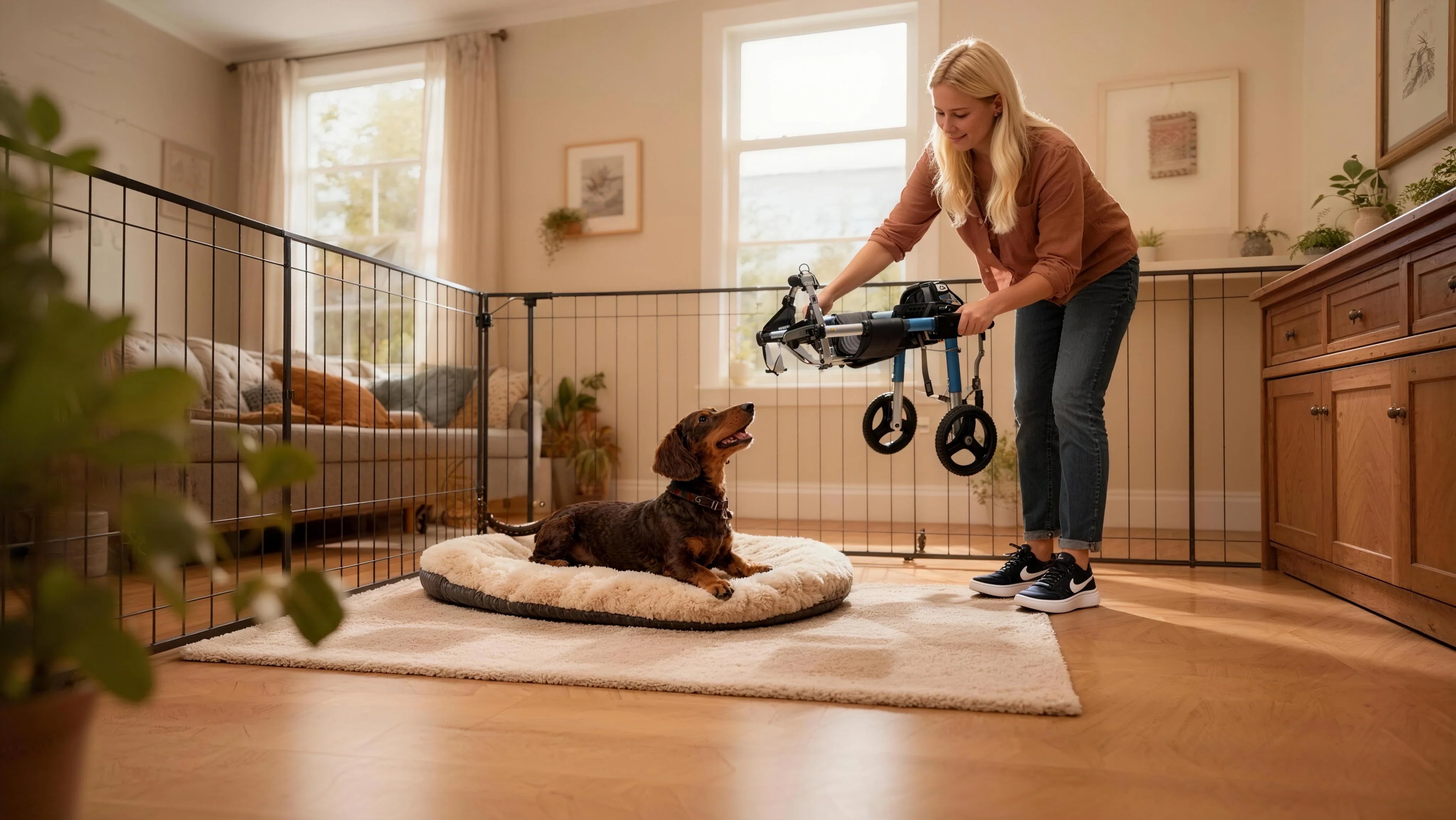 A woman holding a blue and black adjustable dog wheelchair for a dachshund lying on a dog bed inside a home.