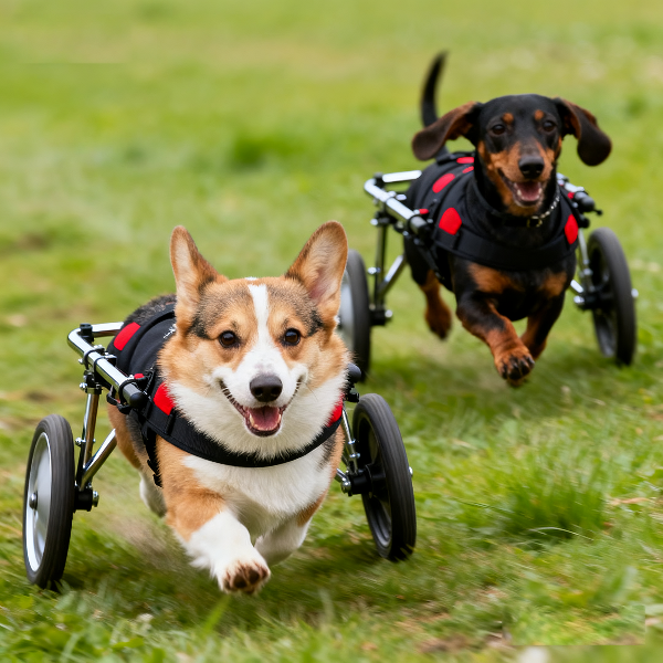 A Corgi and a Dachshund running happily on grass using adjustable dog wheelchairs for back legs.