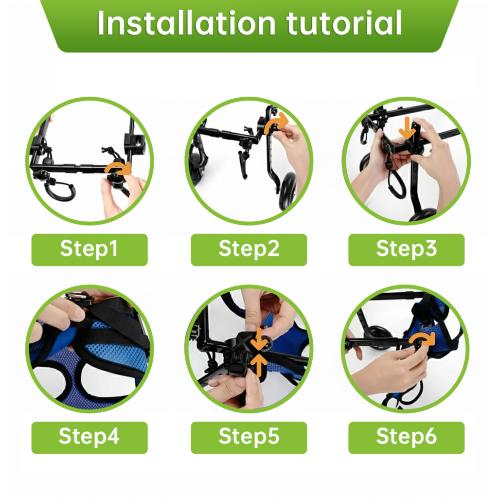 Pei's Corner installation tutorial for blue mesh hind leg dog wheelchair, showing Step1 frame assembly, Step2 leg adjustment, Step3 strap attachment, Step4 harness fitting, Step5 securing mechanism, and Step6 final setup