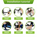 Pei's Corner installation tutorial for blue mesh hind leg dog wheelchair, showing Step1 frame assembly, Step2 leg adjustment, Step3 strap attachment, Step4 harness fitting, Step5 securing mechanism, and Step6 final setup
