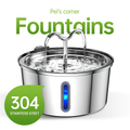 Pei's Corner stainless steel pet water fountain – premium 304 food-grade material with flowing water stream and visible water level window for fresh, healthy hydration.
