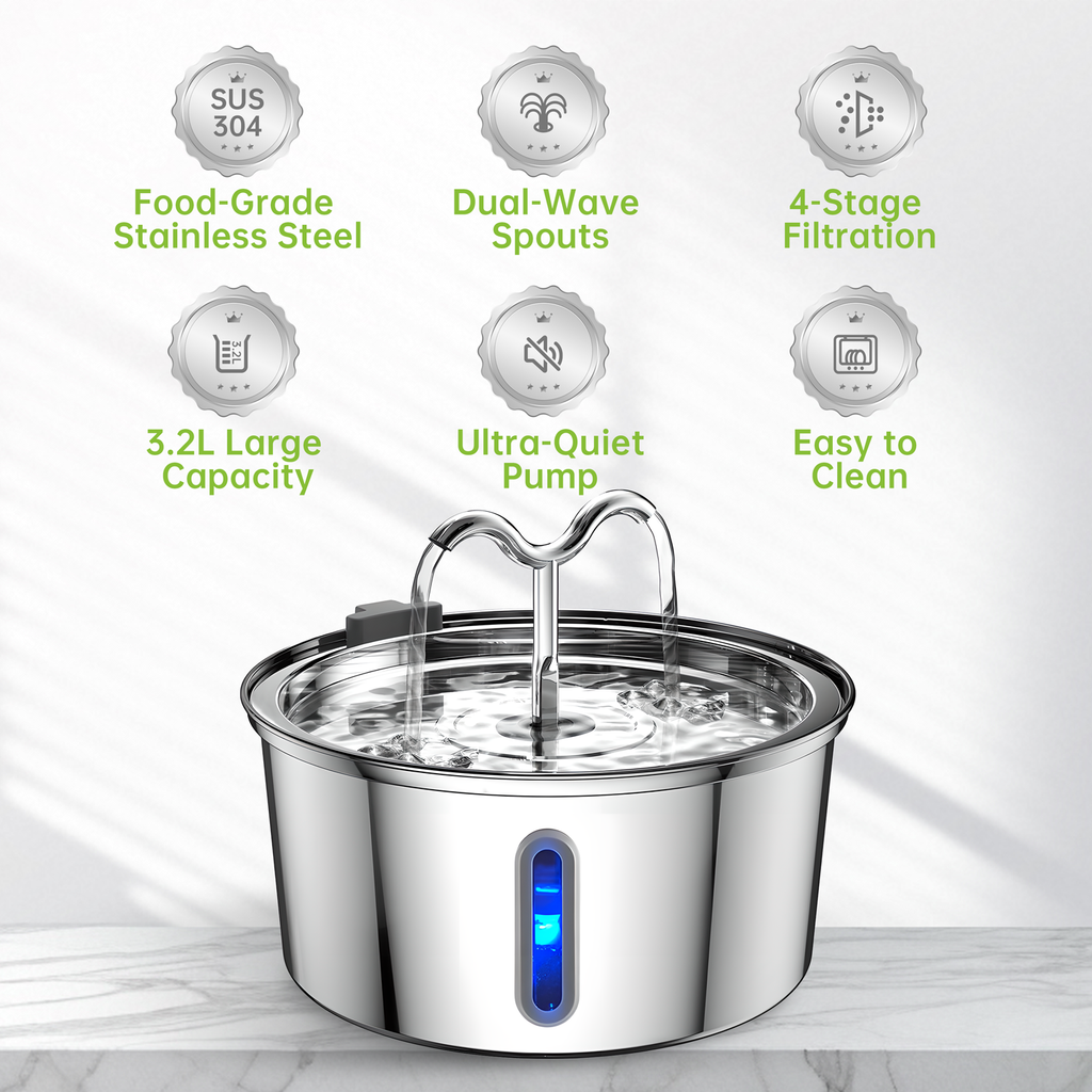 3.2L Automatic Pet Water Dispenser, Stainless Steel Circulating Cat/Dog Water Fountain with Filter