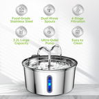 3.2L Automatic Pet Water Dispenser, Stainless Steel Circulating Cat/Dog Water Fountain with Filter