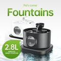 2.8L wireless smart pet water fountain – available in black and white with flowing water spout and visible water level window for fresh pet hydration.