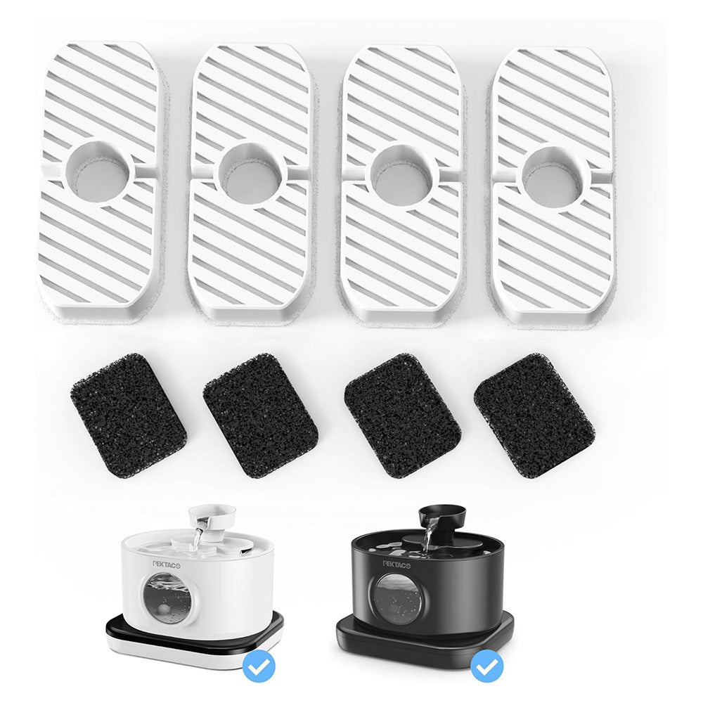 Pei's Corner replacement filters for black and white pet water fountains: includes 4 sets of dual-layer filters with white pre-filter cotton (top) and black activated carbon sponge (bottom). Compatible with both white and black Pei's Corner smart cat water dispensers, ensuring fresh, purified water for optimal cat hydration and health.