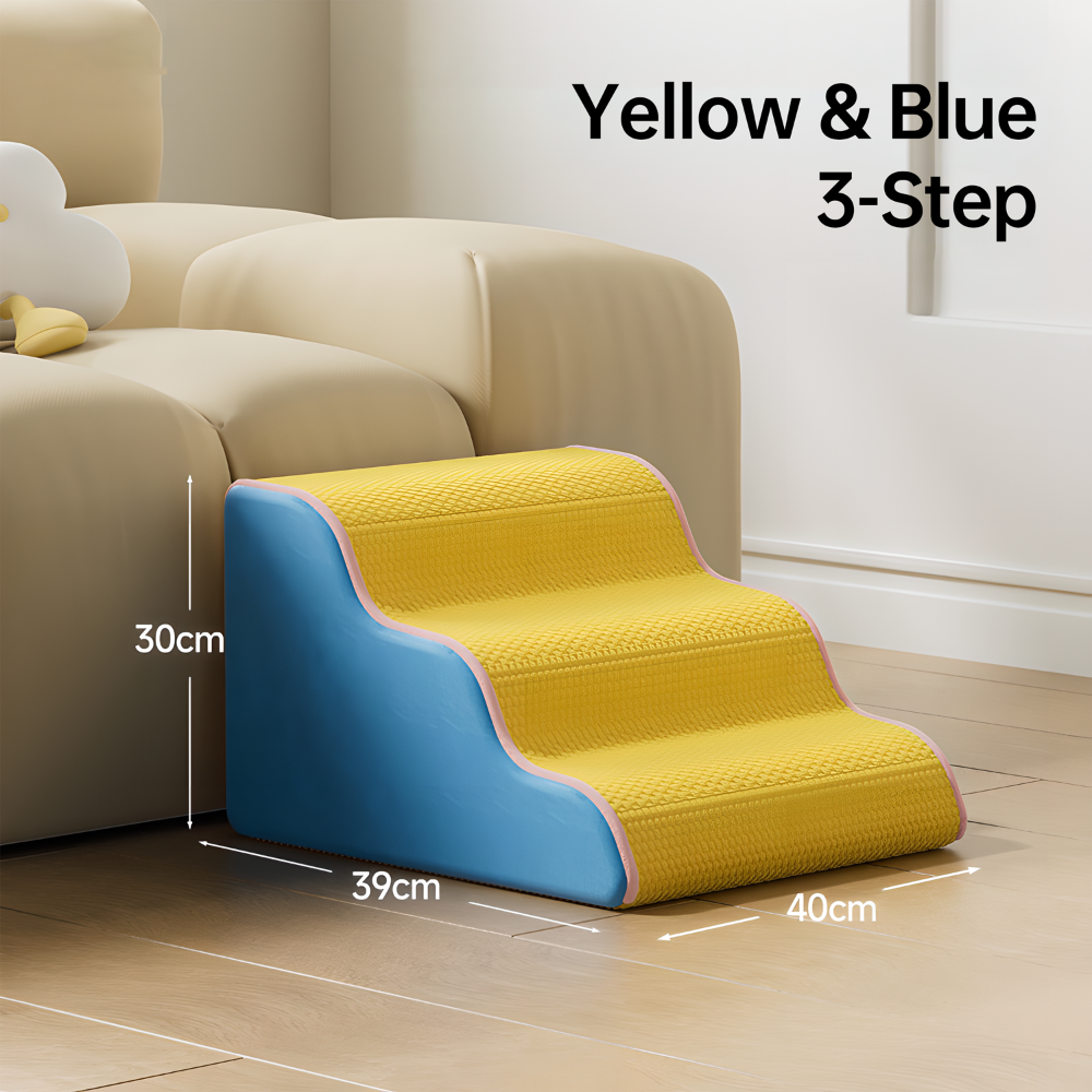pei's corner yellow and blue 3-step Washable Dog Stairs with Removable Cover - for Small, Senior & Disabled Pets