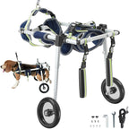 Pei's Corner hind leg dog wheelchair with adjustable harness, wheels, and included tools, featuring a Beagle in use