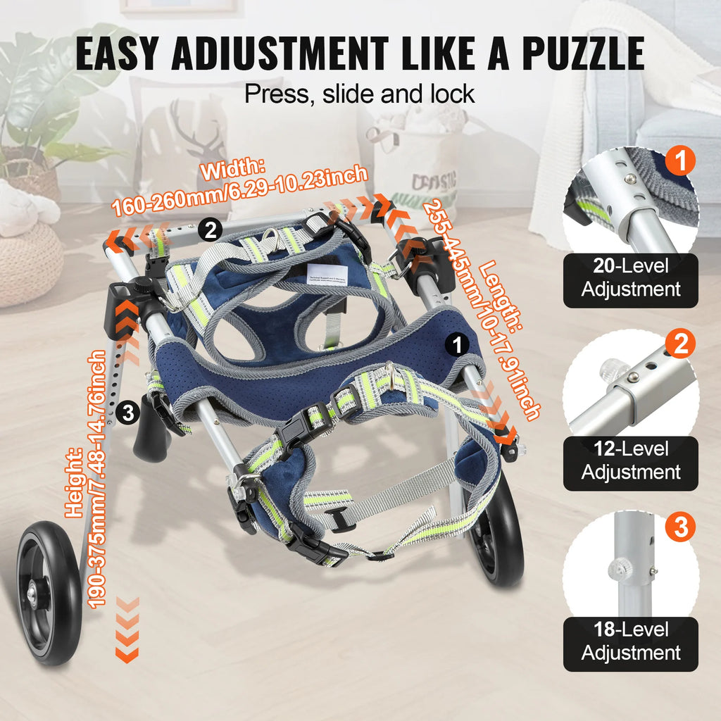 Pei's Corner hind leg dog wheelchair with easy adjustment like a puzzle, featuring press, slide, and lock mechanism, adjustable width 160-260mm (6.29-10.23inch), length 255-445mm (10-17.5inch), height 190-375mm (7.48-14.76inch), and 20-level, 12-level, 18-level adjustments