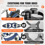 Pei's Corner everything for your dogs, featuring adjustable straps with locking buckle harness, dual adjustment Velcro and buckle, integrated leg protection sleeve, and wide waistband for strong support, compared to others with one adjustment method, limited leg support, and no waistband support