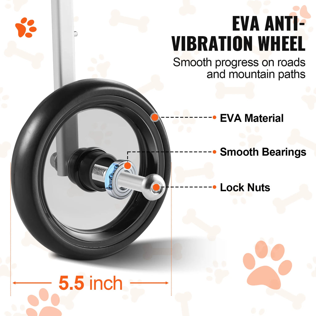 Pei's Corner EVA anti-vibration wheel for hind leg dog wheelchair, featuring 5.5-inch diameter, EVA material, smooth bearings, and lock nuts for smooth progress on roads and mountain paths