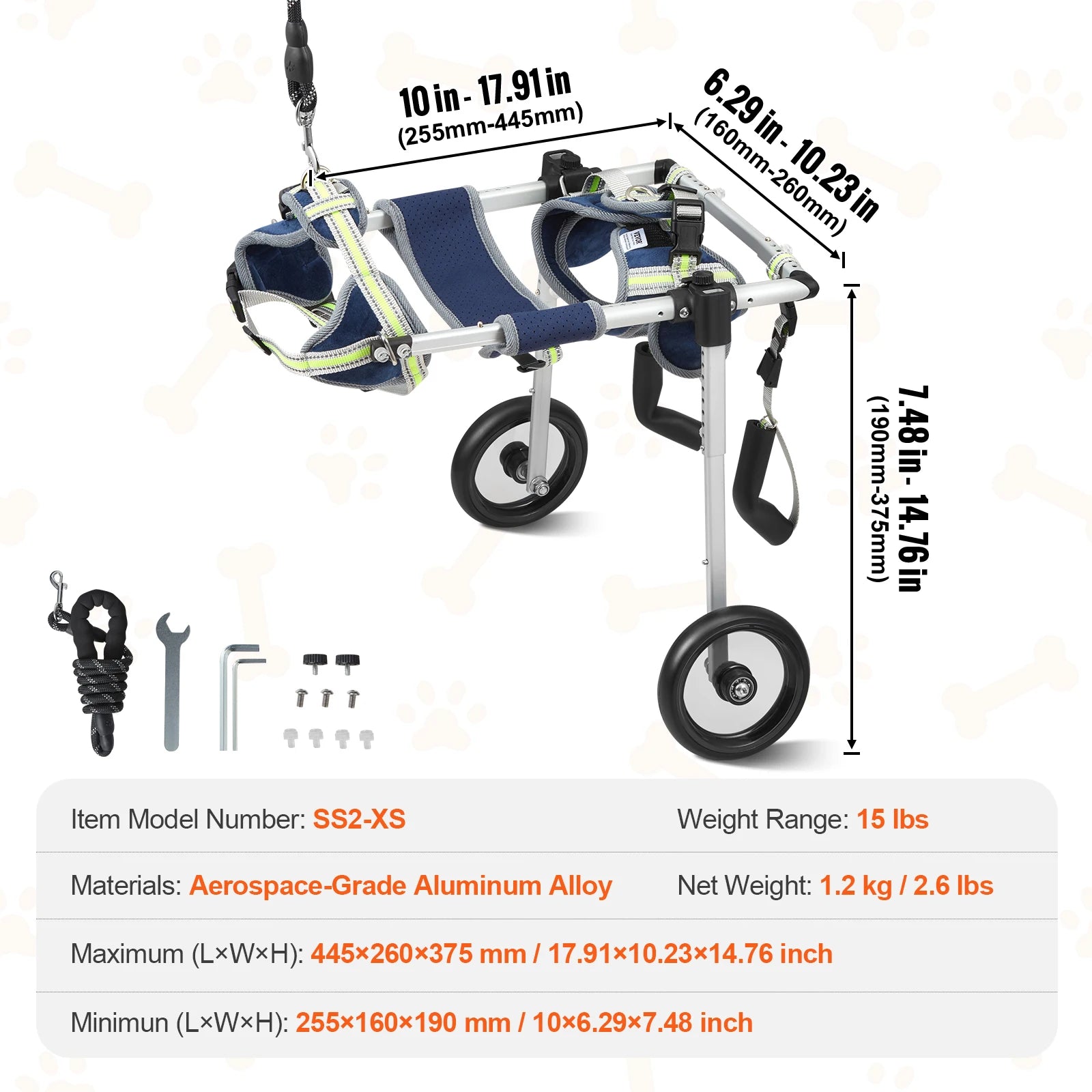 Pei's Corner SS2-XS hind leg dog wheelchair with aerospace-grade aluminum alloy, featuring adjustable dimensions 10in-17.9in length, 6.29in-10.23in width, 7.48in-14.76in height, 15 lbs weight range, 1.2 kg net weight, and included tools