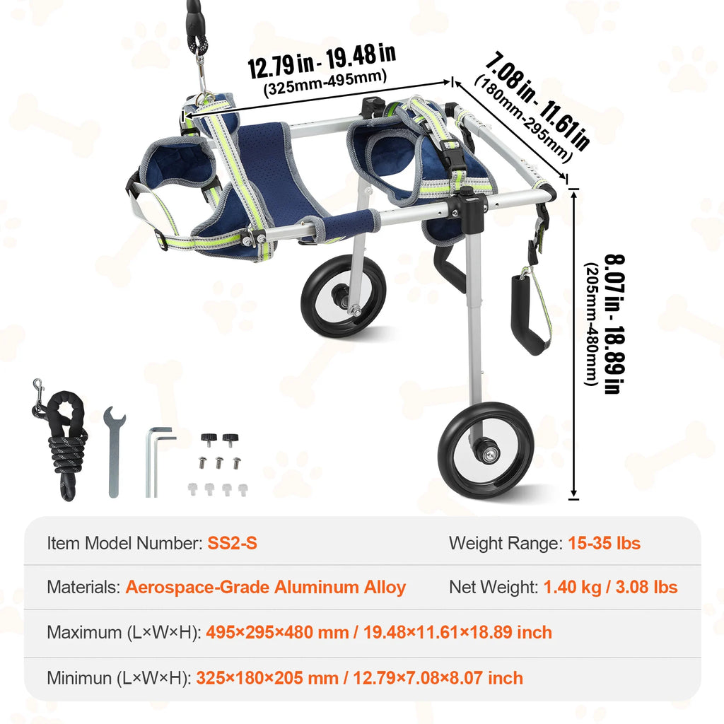 Pei's Corner SS2-S hind leg dog wheelchair with aerospace-grade aluminum alloy, featuring adjustable dimensions 12.79in-19.48in length, 7.08in-11.61in width, 8.07in-18.89in height, 15-35 lbs weight range, 1.40 kg net weight, and included tools