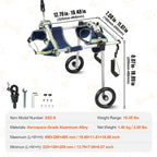 Pei's Corner SS2-S hind leg dog wheelchair with aerospace-grade aluminum alloy, featuring adjustable dimensions 12.79in-19.48in length, 7.08in-11.61in width, 8.07in-18.89in height, 15-35 lbs weight range, 1.40 kg net weight, and included tools