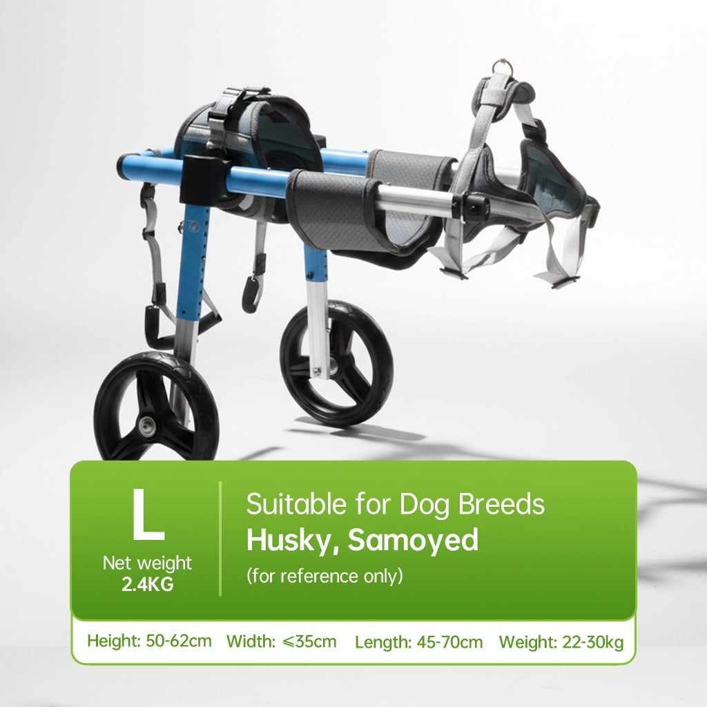 L dog wheelchair, net weight 2.4KG, designed for dog breeds like Husky and Samoyed, featuring a blue and black frame, ideal for pet owners seeking durable and breed-specific mobility support. - Pei's Corner 