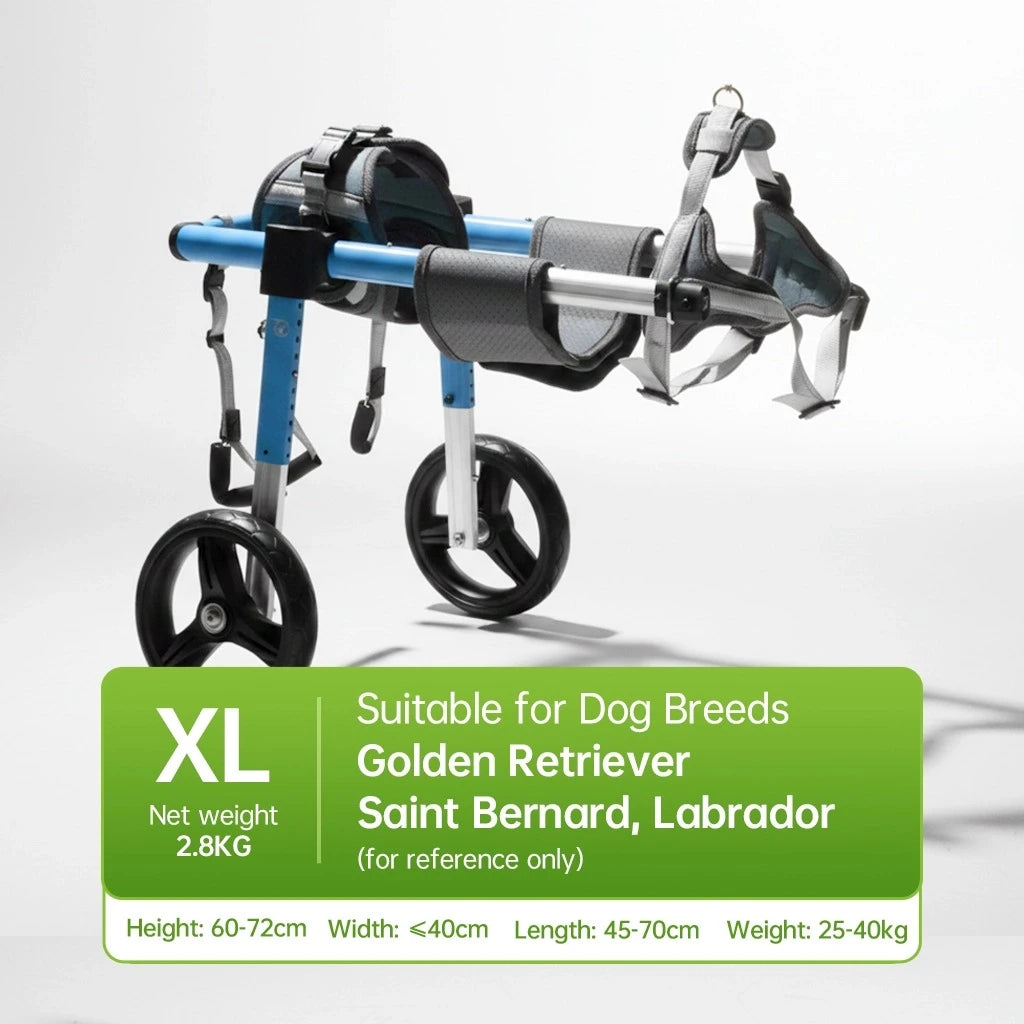 XL dog wheelchair, net weight 2.8KG, designed for dog breeds like Golden Retriever, Saint Bernard, and Labrador, featuring a blue and black frame, ideal for pet owners seeking robust and breed-specific mobility support. - Pei's Corner 