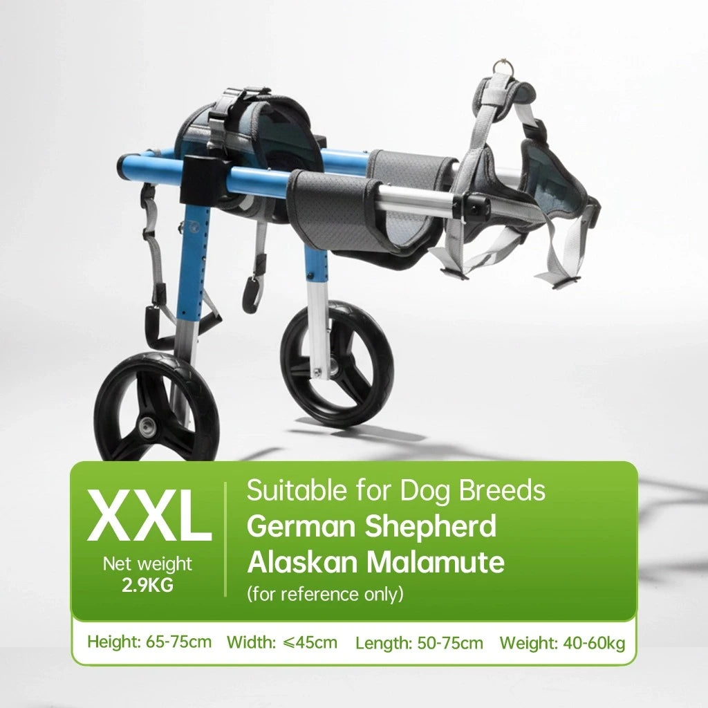 XXL dog wheelchair, net weight 2.9KG, designed for dog breeds like German Shepherd and Alaskan Malamute, featuring a blue and black frame, ideal for pet owners seeking sturdy and breed-specific mobility support. - Pei's Corner 