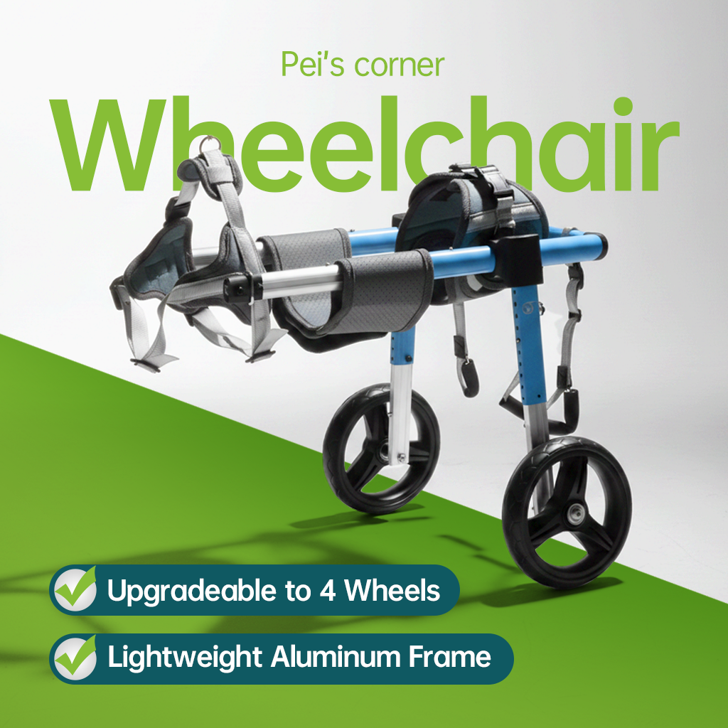 Pei's Corner wheelchair for pets with a lightweight aluminum frame and upgradeable to 4 wheels, featuring a blue and black design, ideal for pet mobility support, perfect for pet owners seeking durable and adjustable solutions.